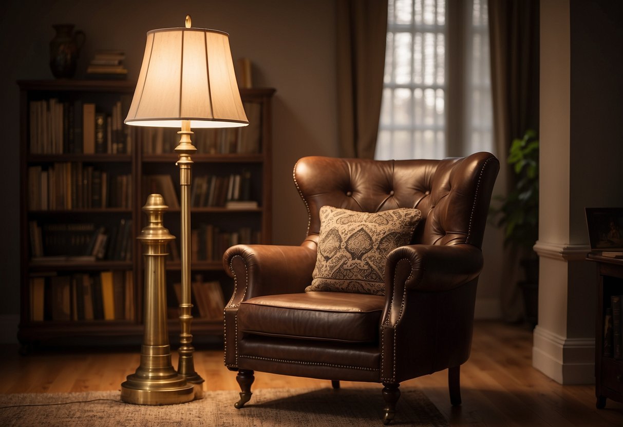 An antique brass floor lamp stands tall in a cozy living room, casting a warm glow over a comfortable armchair and a stack of books