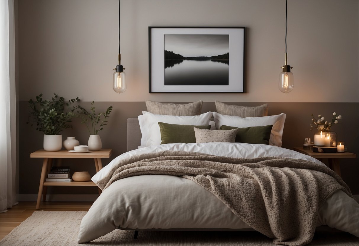 A cozy bedroom with neutral tones, plush bedding, and a variety of throw pillows. A small gallery wall featuring framed artwork and a stylish table lamp on the nightstand