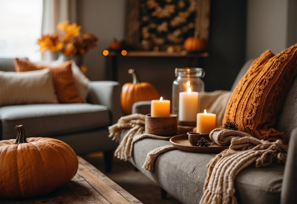 A cozy living room with a fireplace, adorned with warm-toned throw blankets, pumpkin and leaf-themed pillows, and a rustic wooden sign that reads "Autumn Blessings."