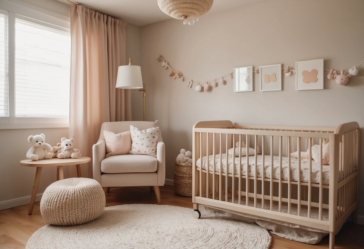 A cozy nursery with soft pastel colors, a plush rug, and a charming mobile hanging above the crib. The room is filled with natural light and adorned with neutral-toned wall art and delicate curtains