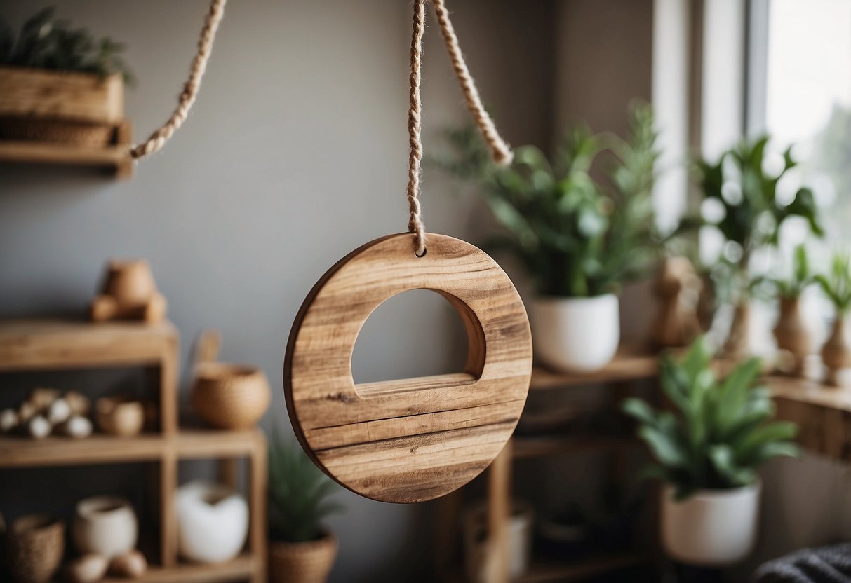 A rustic wooden mobile hangs above a neutral-colored nursery, adding a touch of natural charm to the decor