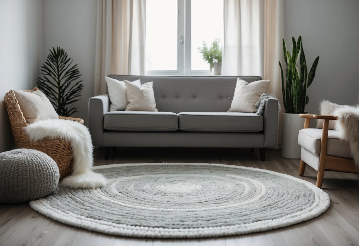 A gray and white area rug sits in a neutral nursery, adding a touch of softness and warmth to the room's decor