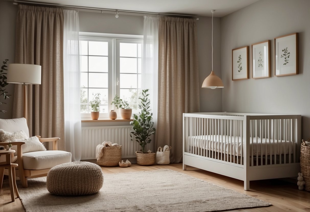 A cozy nursery with neutral decor features linen blackout curtains