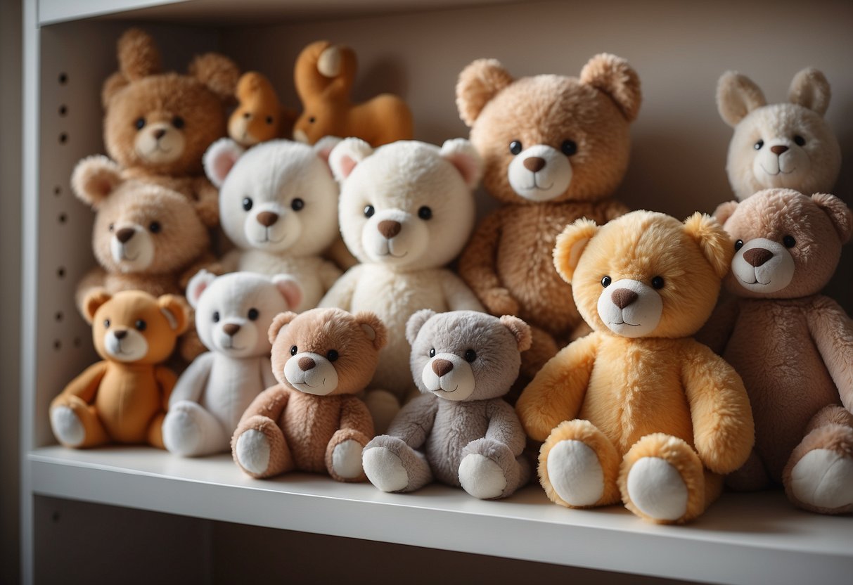 Soft plush animal toys arranged on a neutral-colored shelf in a cozy nursery setting