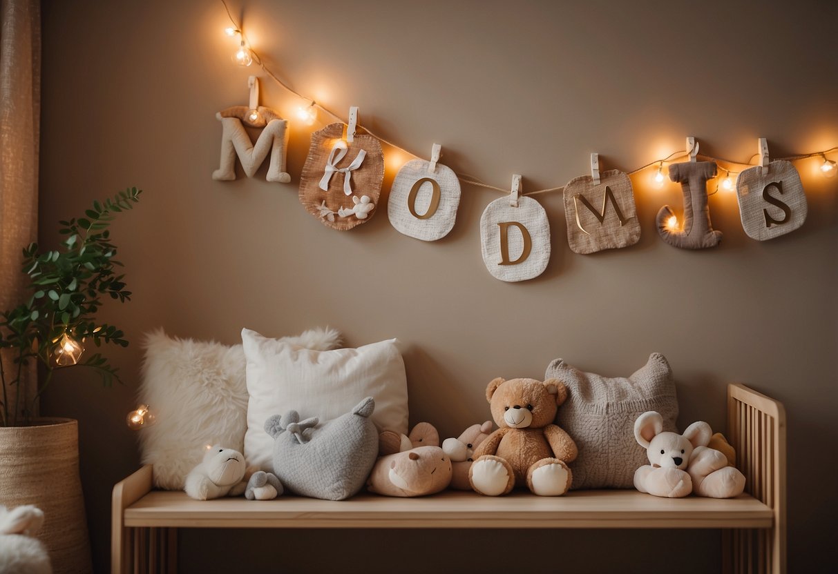 A wooden name sign hangs above a cozy nursery with neutral tones and soft lighting, surrounded by plush toys and delicate decor