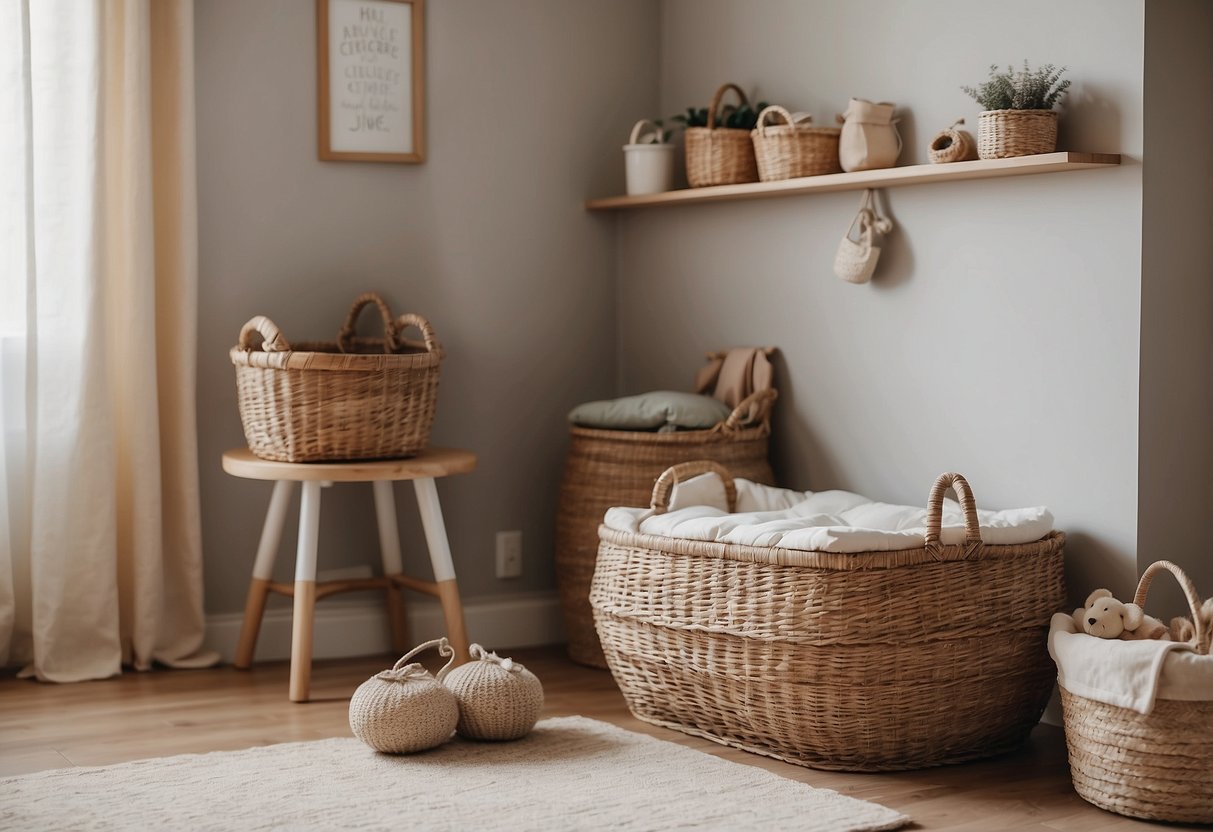 A cozy nursery with wicker storage baskets, soft neutral colors, and charming decor