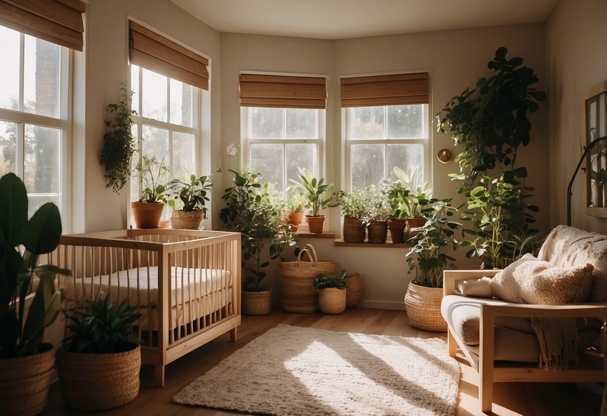 A cozy nursery with earthy tones, featuring potted plants, wooden accents, and soft textiles. Sunlight streams in through the window, casting a warm glow on the natural elements