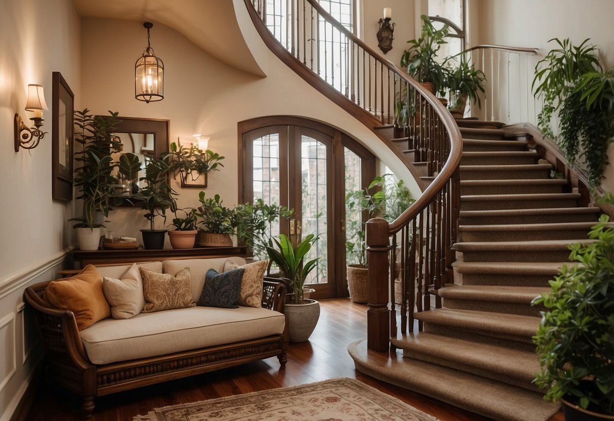 A grand staircase adorned with potted plants, hanging lanterns, and framed artwork. A cozy reading nook at the landing with plush cushions and a side table