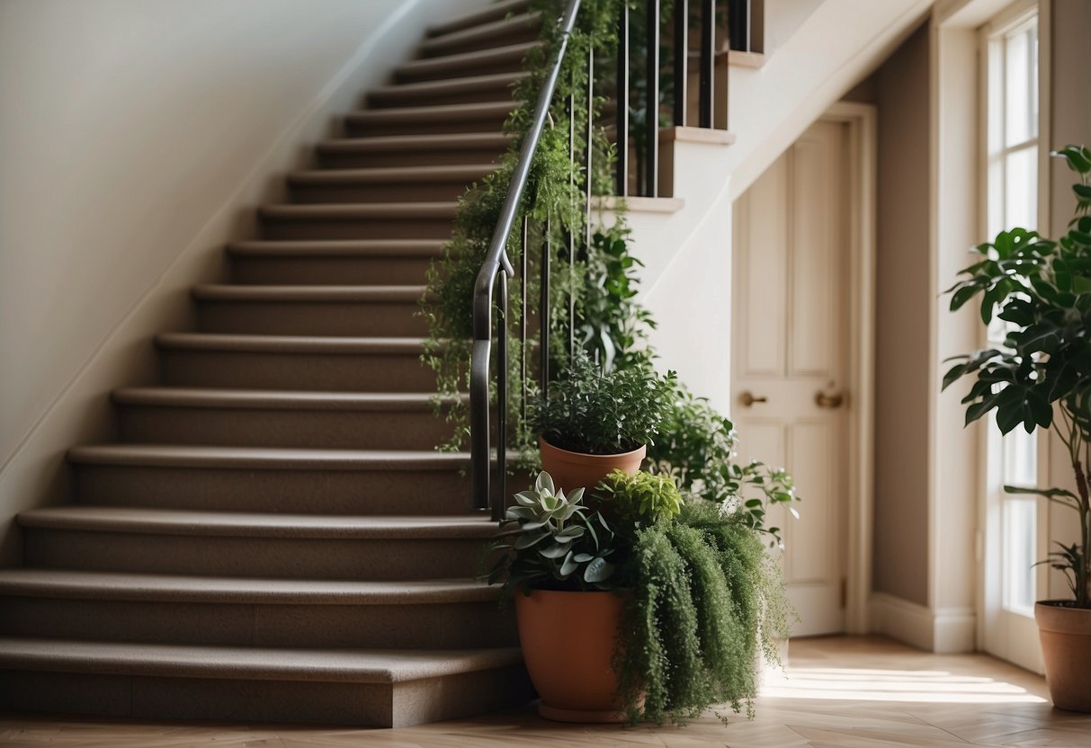 A staircase adorned with hanging planters, adding a touch of greenery to the home decor