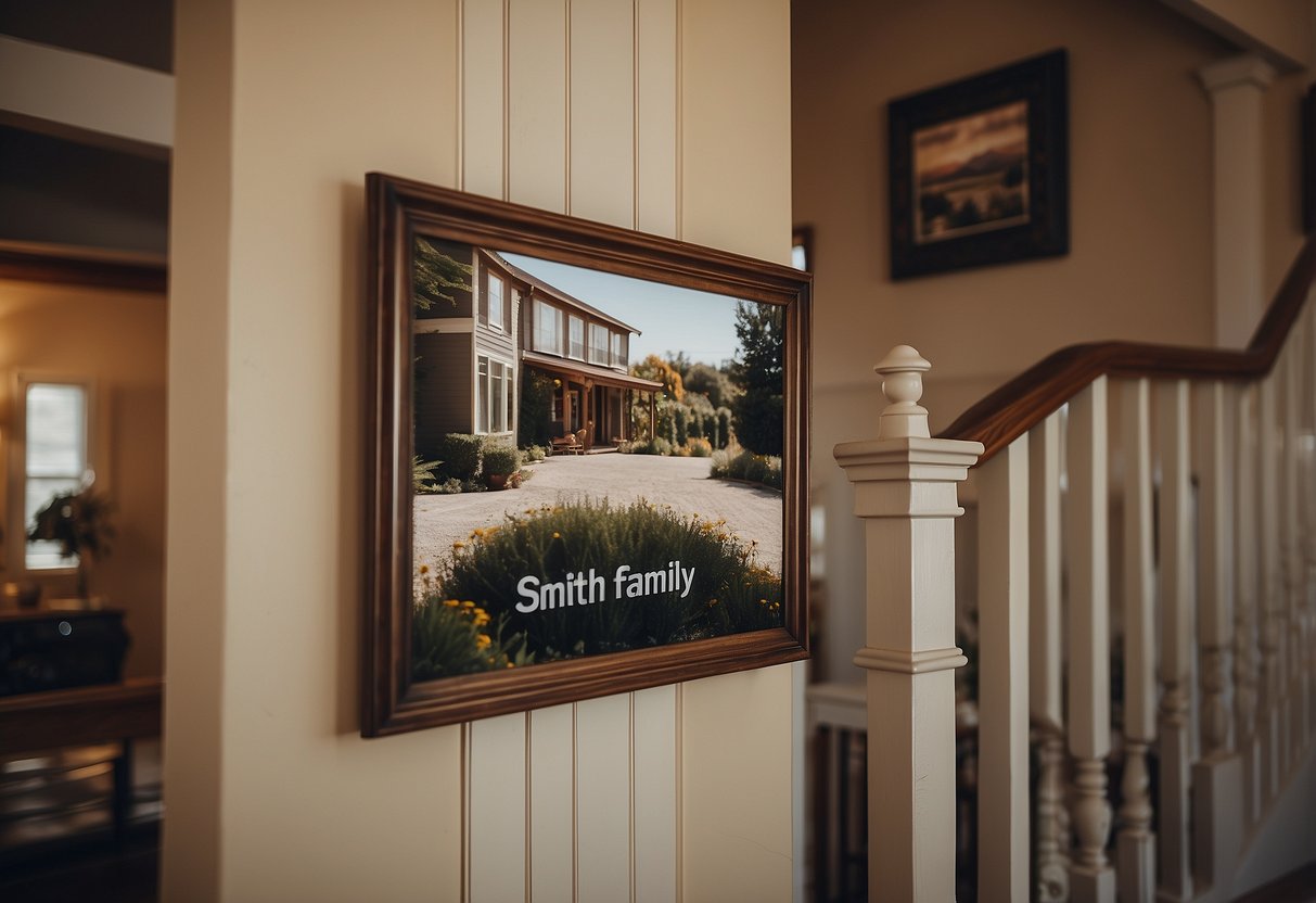 A wooden sign with "Smith Family" hangs on a stairway wall, surrounded by framed family photos and cozy home decor