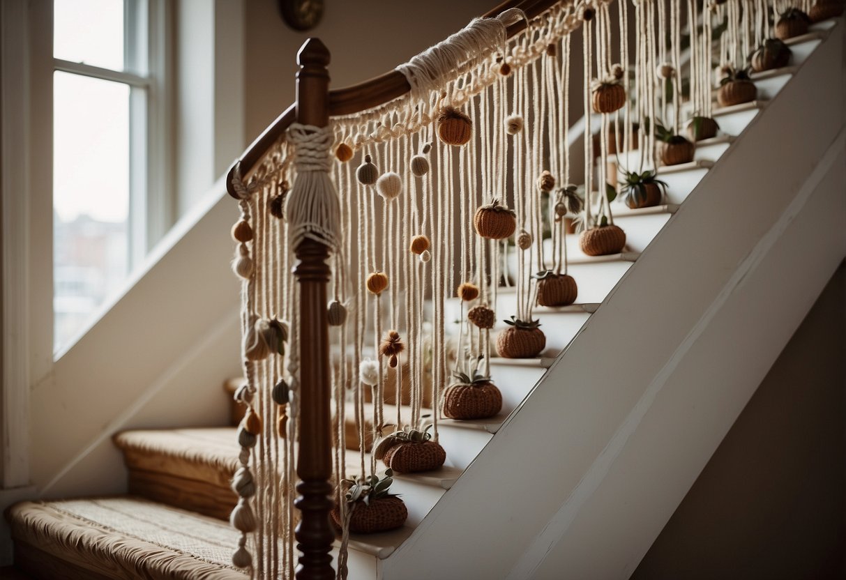 A stairway adorned with macrame wall hangings, adding a bohemian touch to the home decor