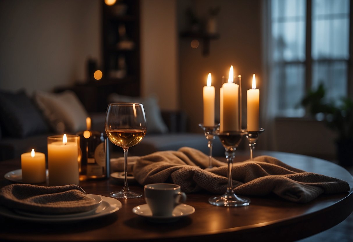 A cozy living room with dim lighting, soft throw blankets, and flickering candles. A table set with elegant dinnerware and a bottle of wine. Subtle music playing in the background