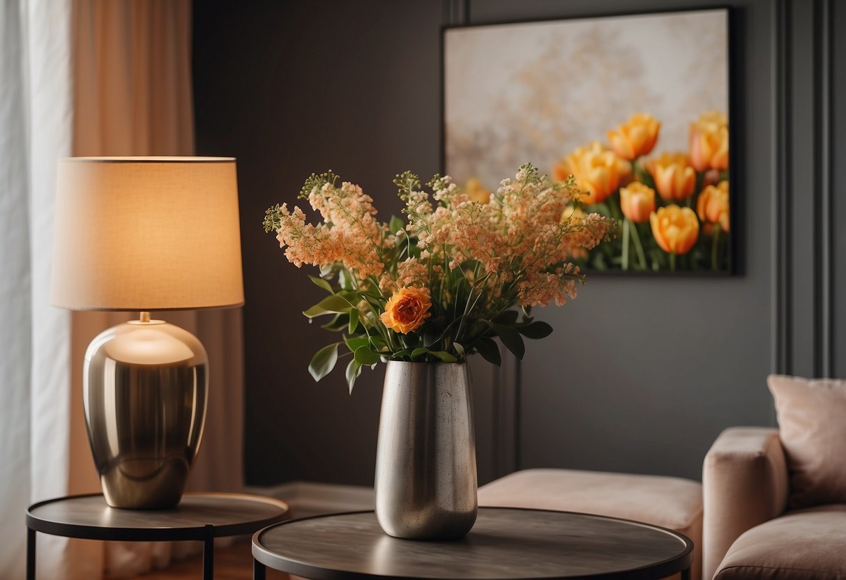 A cozy living room with a large canvas on the wall, adorned with abstract art in warm colors. A vase of fresh flowers sits on a side table, casting a soft glow from the nearby lamp