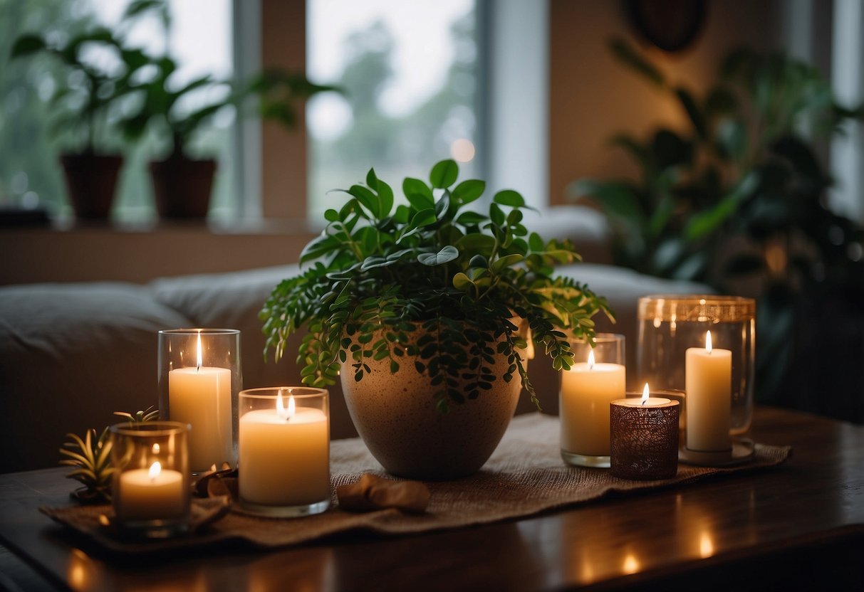 Lush indoor plants fill a cozy living room, soft lighting and candles create a romantic ambiance for a date night at home