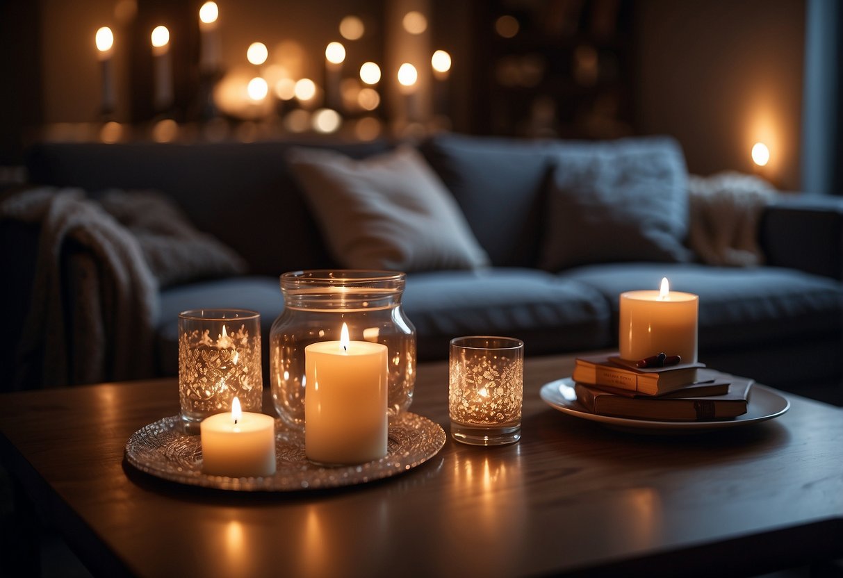 A cozy living room with dim lighting, a table set for two with candles, and soft music playing in the background