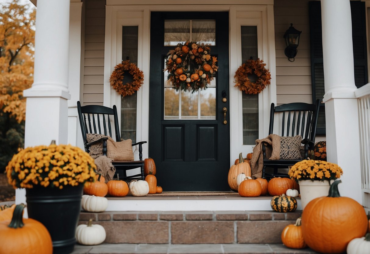 A cozy front porch adorned with pumpkins, wreaths, and fall foliage. A rocking chair with a plaid throw invites relaxation