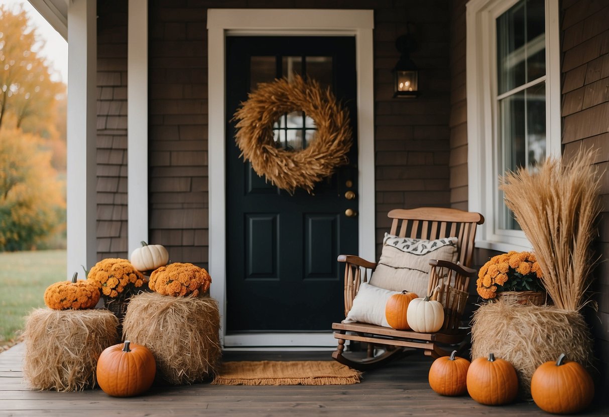 A cozy front porch adorned with hay bale seating, surrounded by autumn home decor