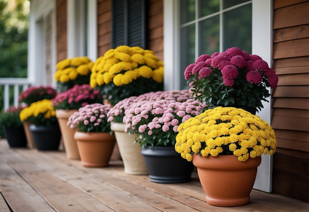 Rustic pots filled with mums adorn the front porch, adding a touch of autumn charm to the home decor