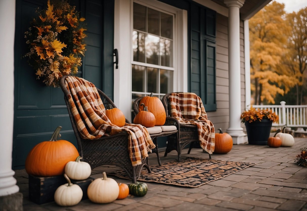 A cozy front porch adorned with plaid flannel blankets, perfect for autumn home decor