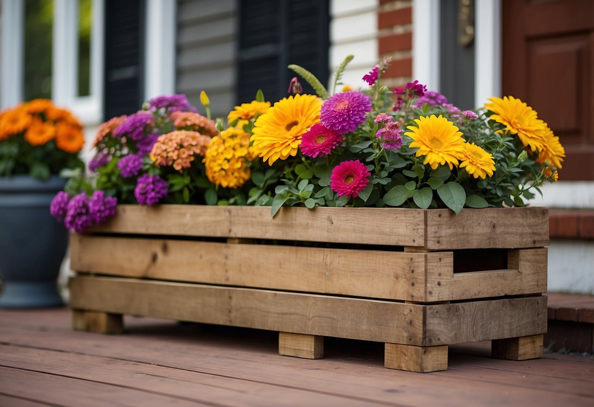 A wooden crate planter sits on a front porch, filled with colorful autumn flowers and surrounded by seasonal decor