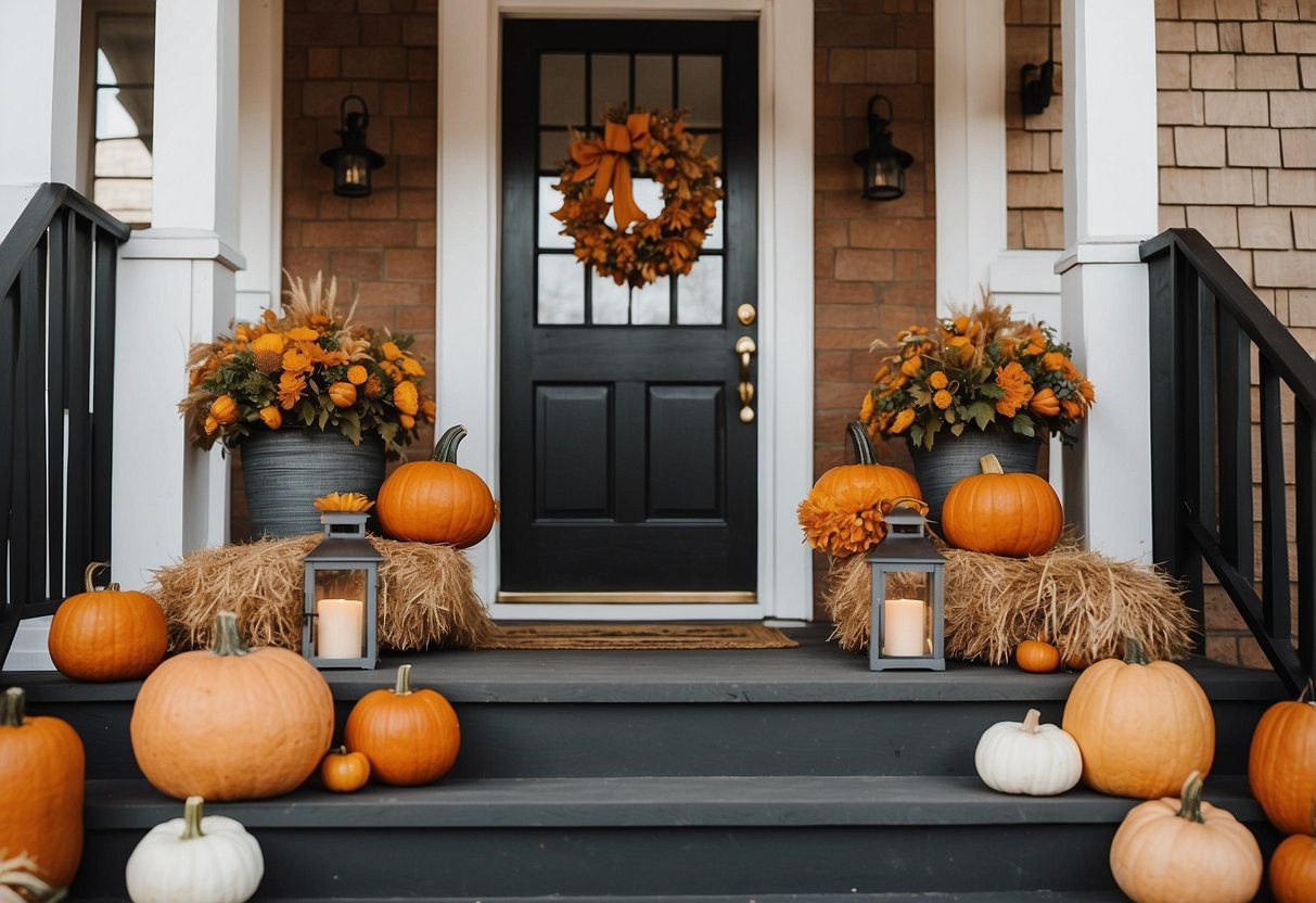 An autumn-themed front porch with pumpkins, hay bales, and fall foliage adorning the steps and railing. A cozy wreath and warm-toned lanterns welcome guests