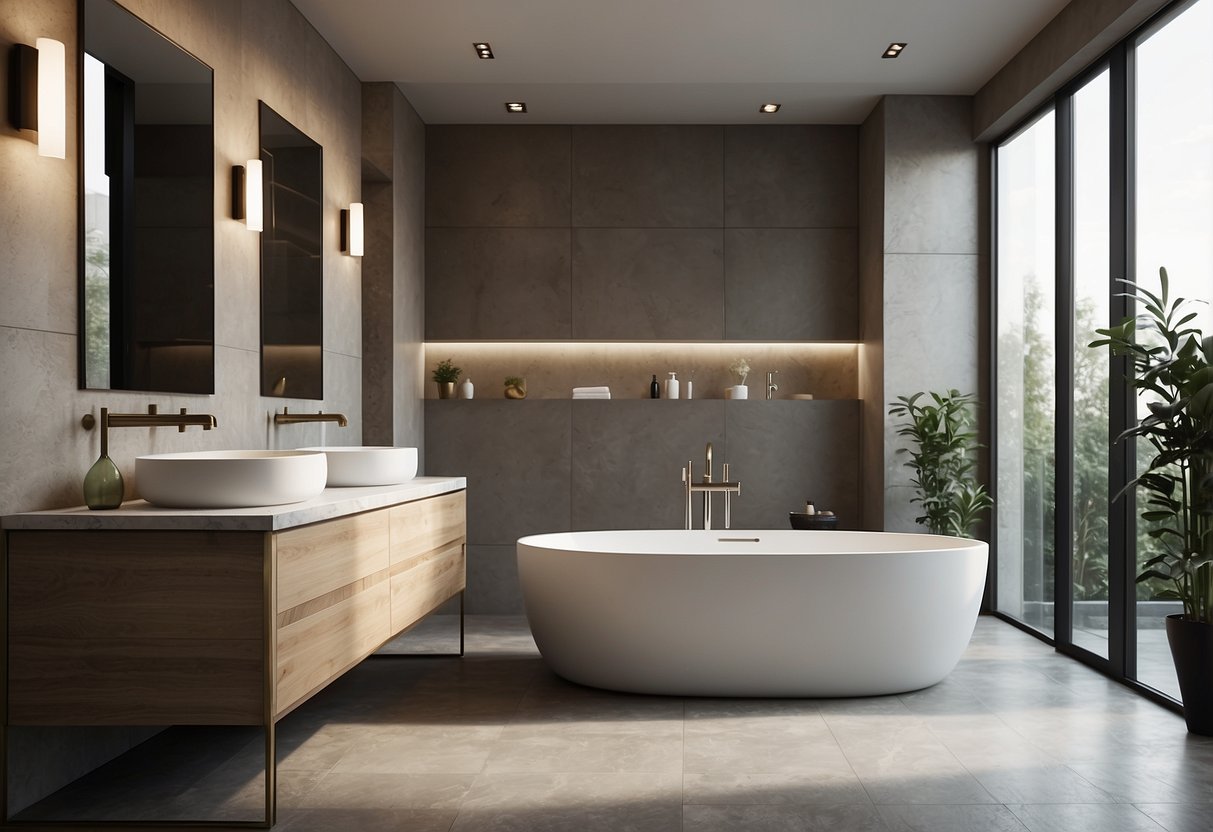 A modern bathroom with a sleek, freestanding bathtub, a large, frameless mirror, and minimalist decor in neutral colors