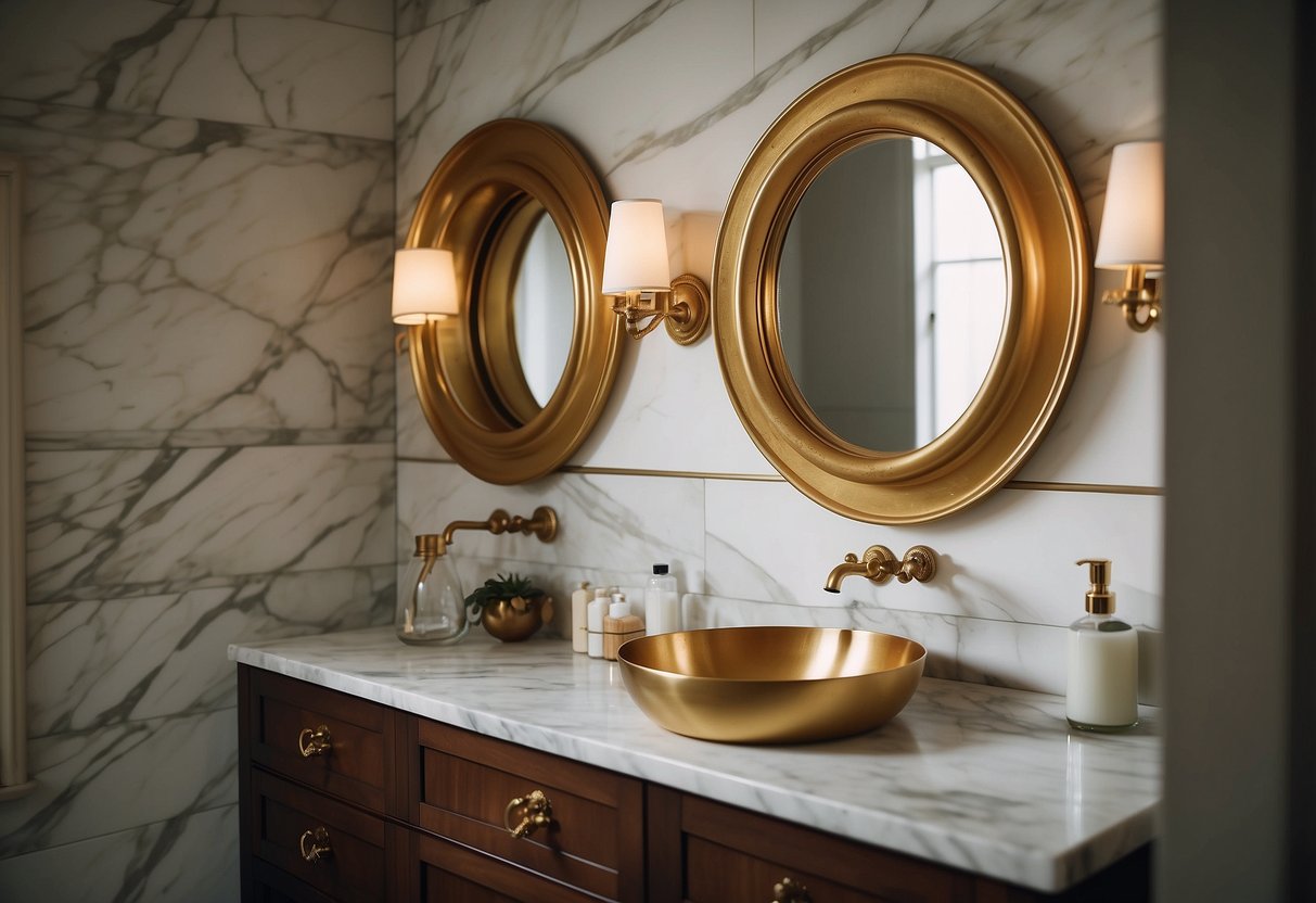 A vintage gold bathroom mirror hangs above a marble sink, reflecting the elegant decor of the restroom