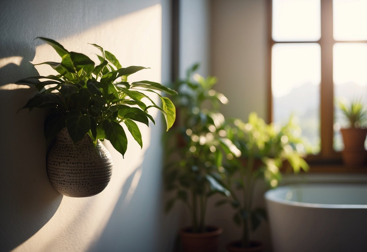 A ceramic plant holder hangs on a bathroom wall, adorned with lush greenery. The sunlight filters through the window, casting a warm glow on the decorative piece