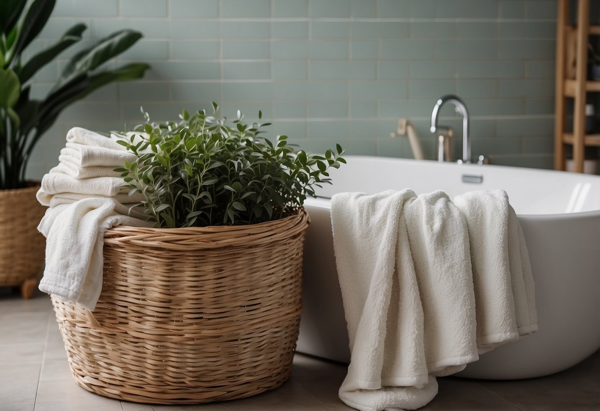 A woven laundry basket sits next to a freestanding bathtub, filled with neatly folded towels and bathrobes. A small potted plant adds a touch of greenery to the serene bathroom decor