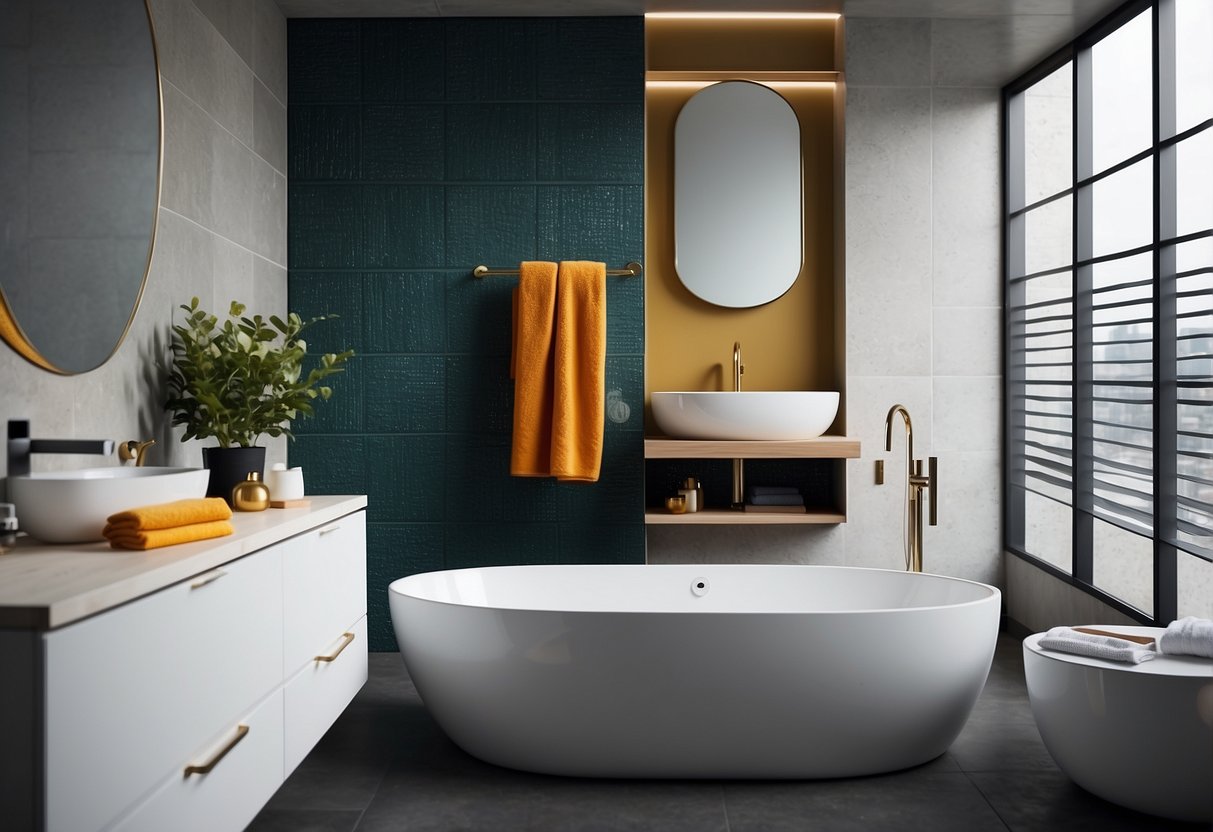 A modern bathroom with sleek, monochromatic tiles and pops of color in the form of vibrant towels and accessories. A minimalist yet stylish space with a focus on color schemes