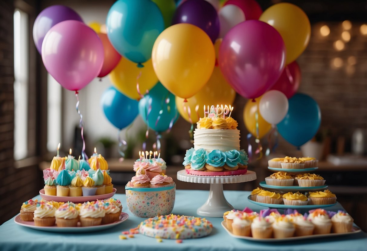 Colorful balloons, streamers, and a "Happy Birthday" banner adorn the kitchen. A festive table is set with a cake, cupcakes, and party favors