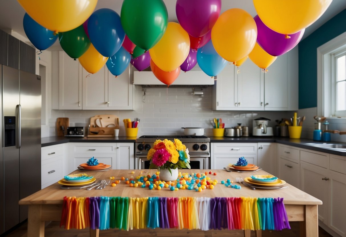 A colorful banner hangs above a kitchen island, spelling out "Happy Birthday" in bold letters. Balloons and streamers add to the festive decor