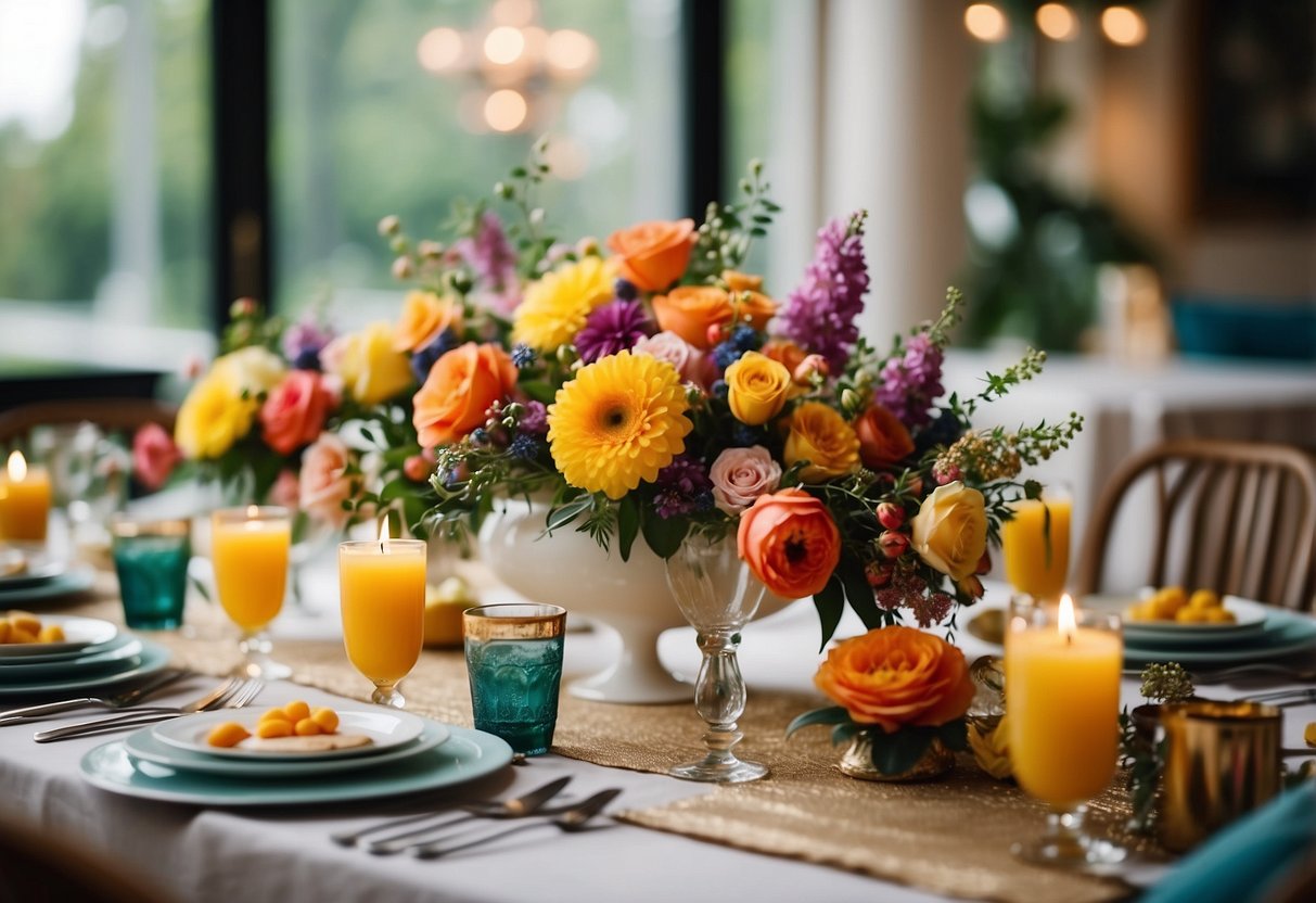 A table adorned with colorful floral centerpieces, creating a vibrant and elegant birthday kitchen decor