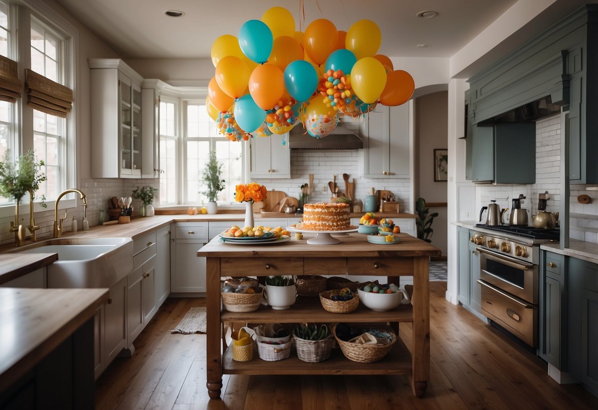 Colorful balloon garland hung above kitchen island with birthday cake and presents on the counter. Streamers and confetti add to festive decor