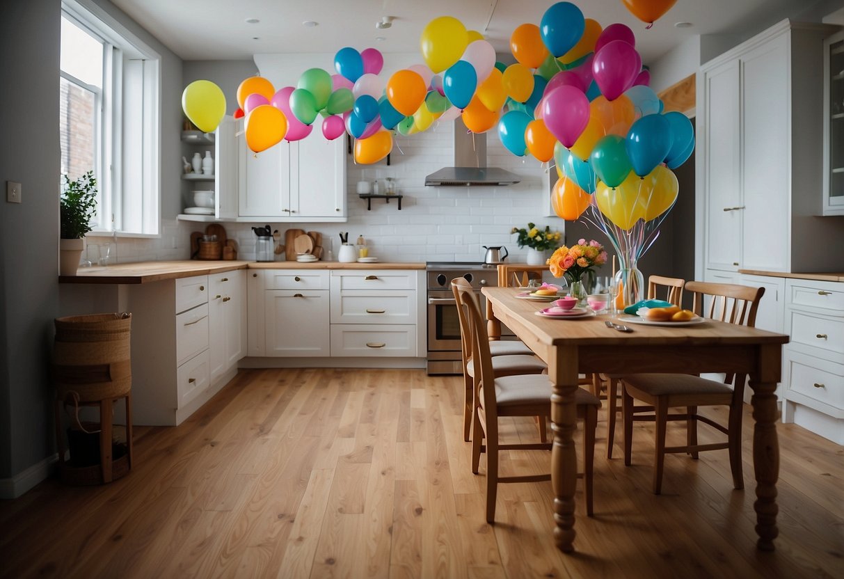 Colorful confetti balloons fill a bright kitchen, tied to chairs and cabinets, adding a festive touch to the birthday decor