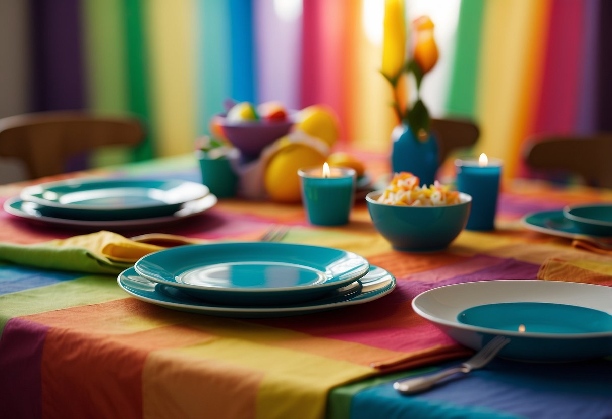 A bright rainbow tablecloth adorns the kitchen table, set with colorful plates, napkins, and birthday decor