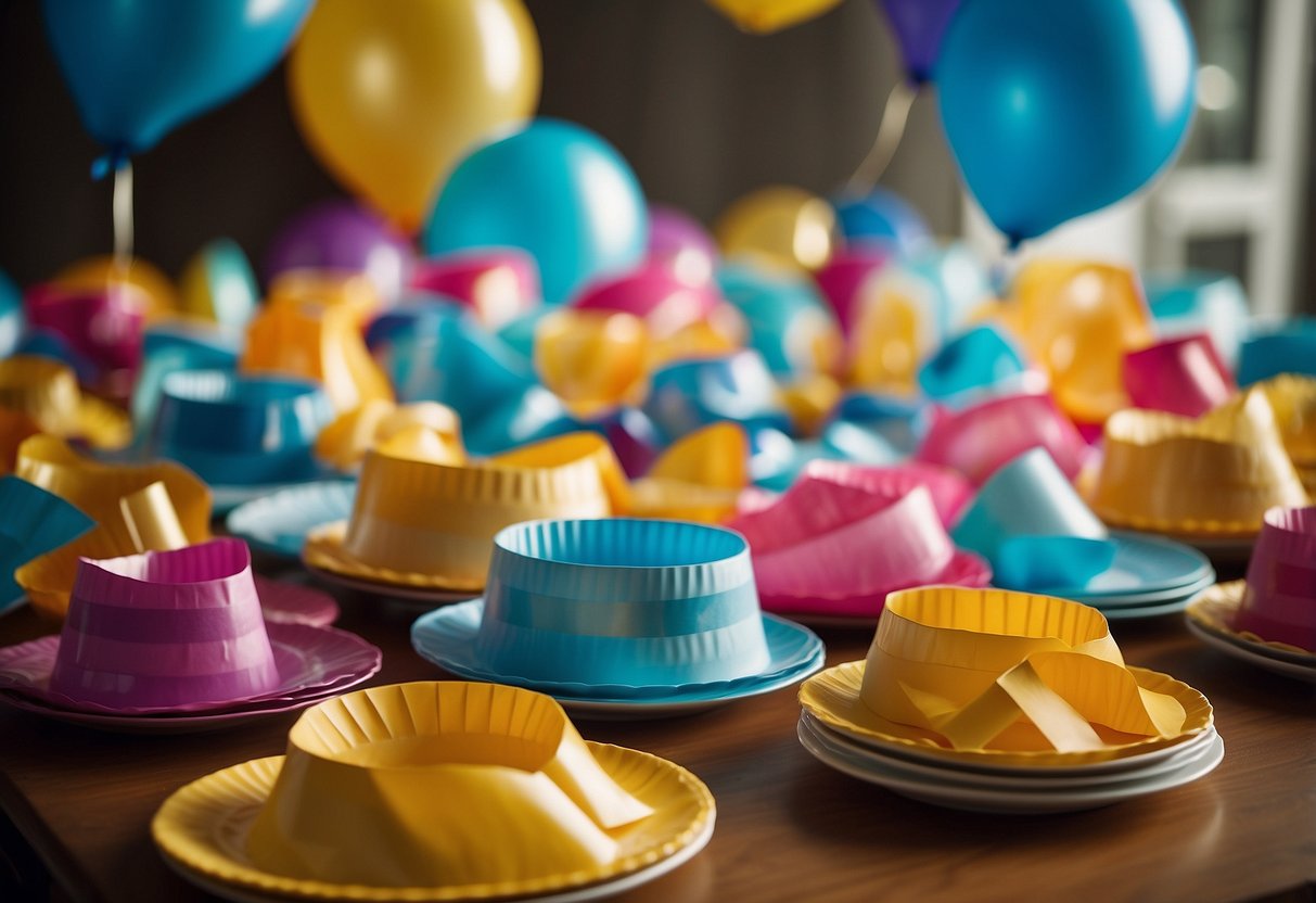 Colorful paper plates with birthday designs arranged on a kitchen table, surrounded by party hats, streamers, and balloons