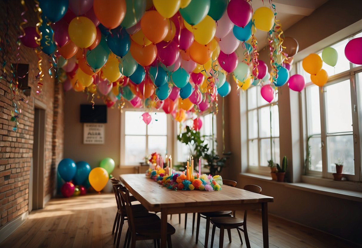 Colorful streamers hang from the ceiling, twisting and turning around the room. Balloons in various shapes and sizes float above the table, adding to the festive atmosphere. A banner with "Happy Birthday" is strung across the wall