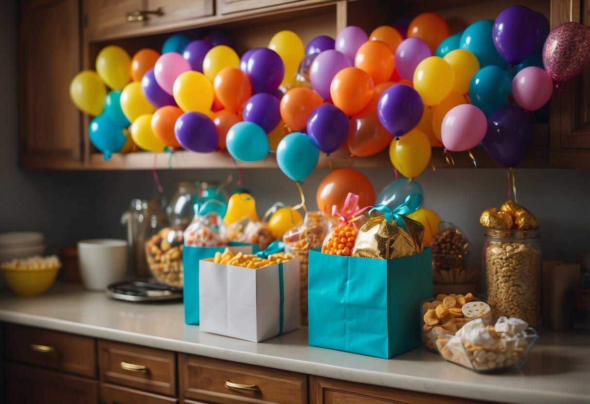 Colorful party favor bags hang from a kitchen cabinet, filled with treats and trinkets. Balloons and streamers add to the festive birthday decor