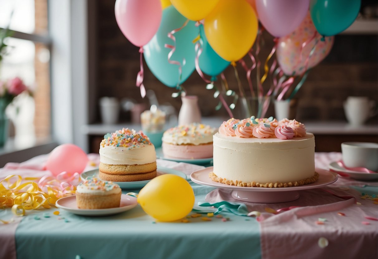 A bright and cheerful kitchen with pastel-colored balloons, streamers, and confetti. The table is adorned with a colorful tablecloth and a cake with vibrant frosting