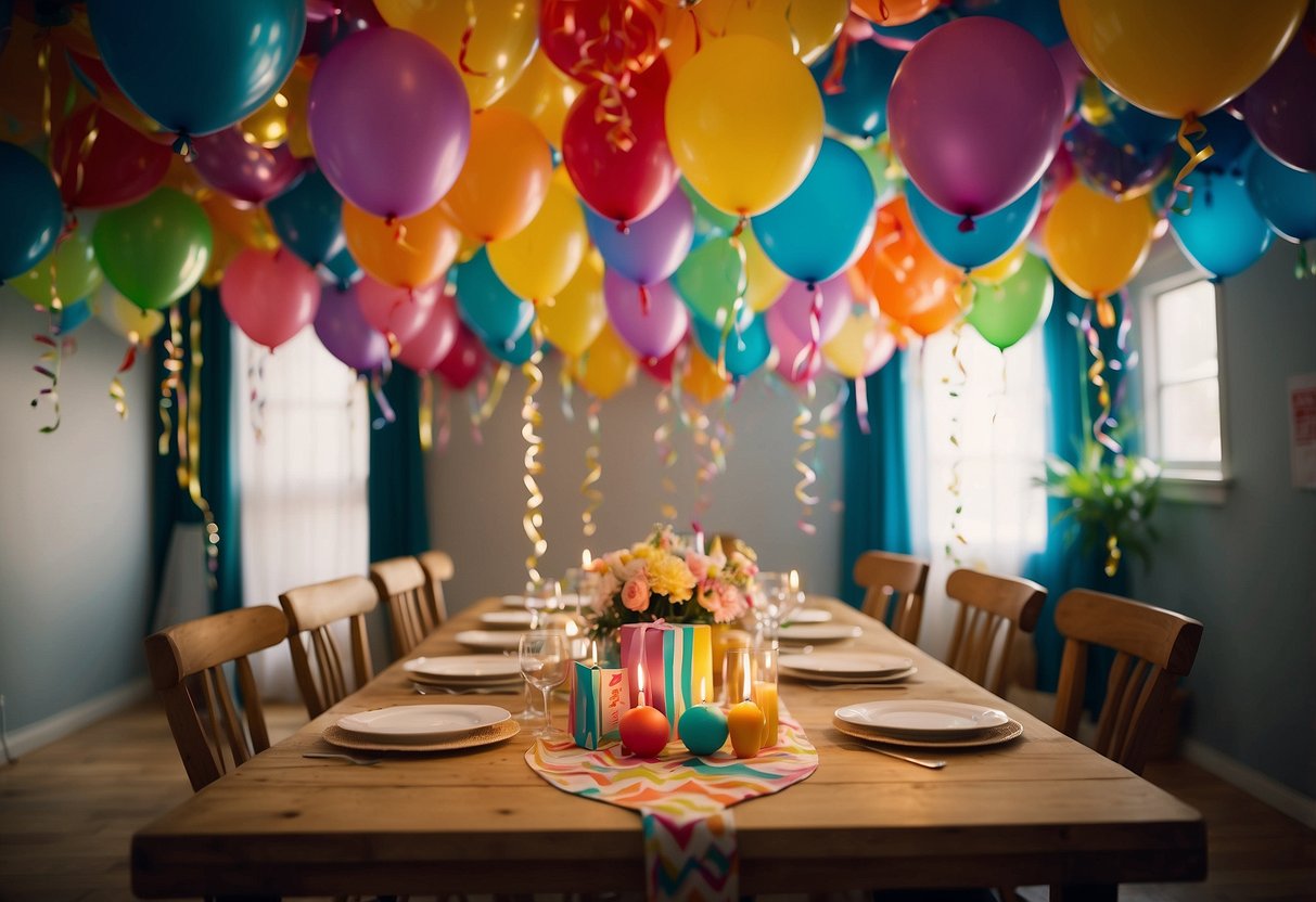 Colorful streamers hang from ceiling, balloons in vibrant hues float around, a table adorned with a festive tablecloth and a homemade banner spells out "Happy Birthday."