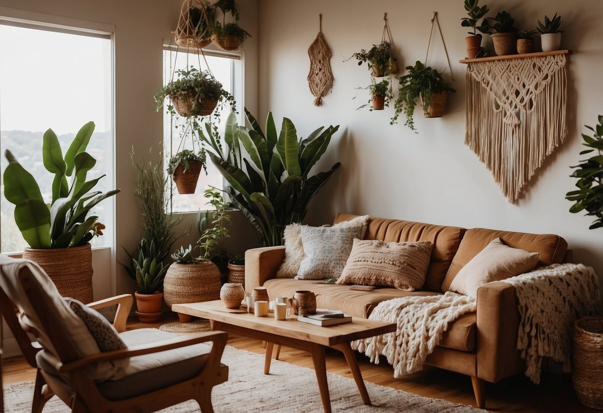 A cozy living room with eclectic furniture, macrame wall hangings, and layered textiles in earthy tones. Plants and vintage accents add to the boho chic vibe