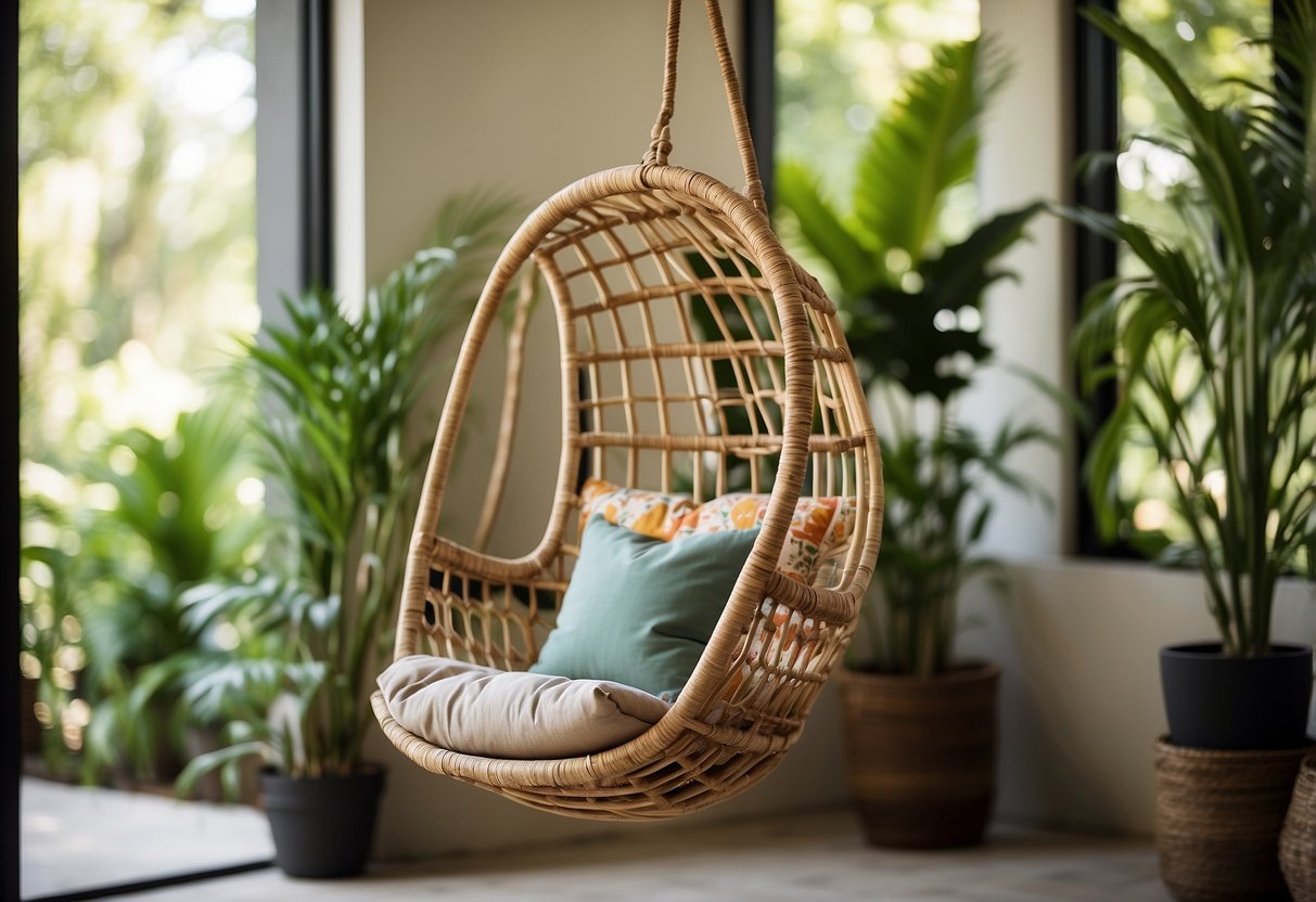 A cozy rattan hanging chair suspended from a sturdy beam, adorned with colorful boho-chic cushions and throws, surrounded by lush green plants and warm natural light