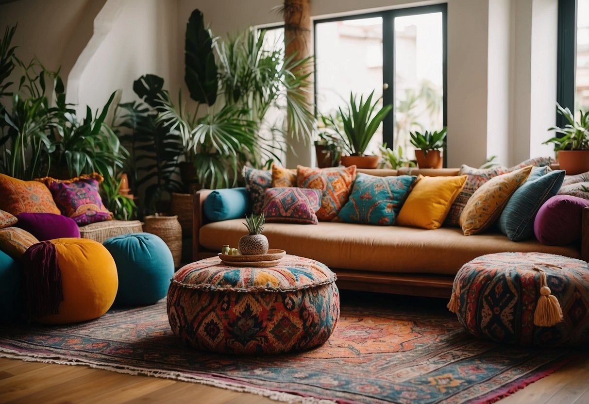 A cozy living room with colorful Moroccan poufs arranged around a low table, adorned with vibrant textiles and exotic plants, creating a boho chic atmosphere