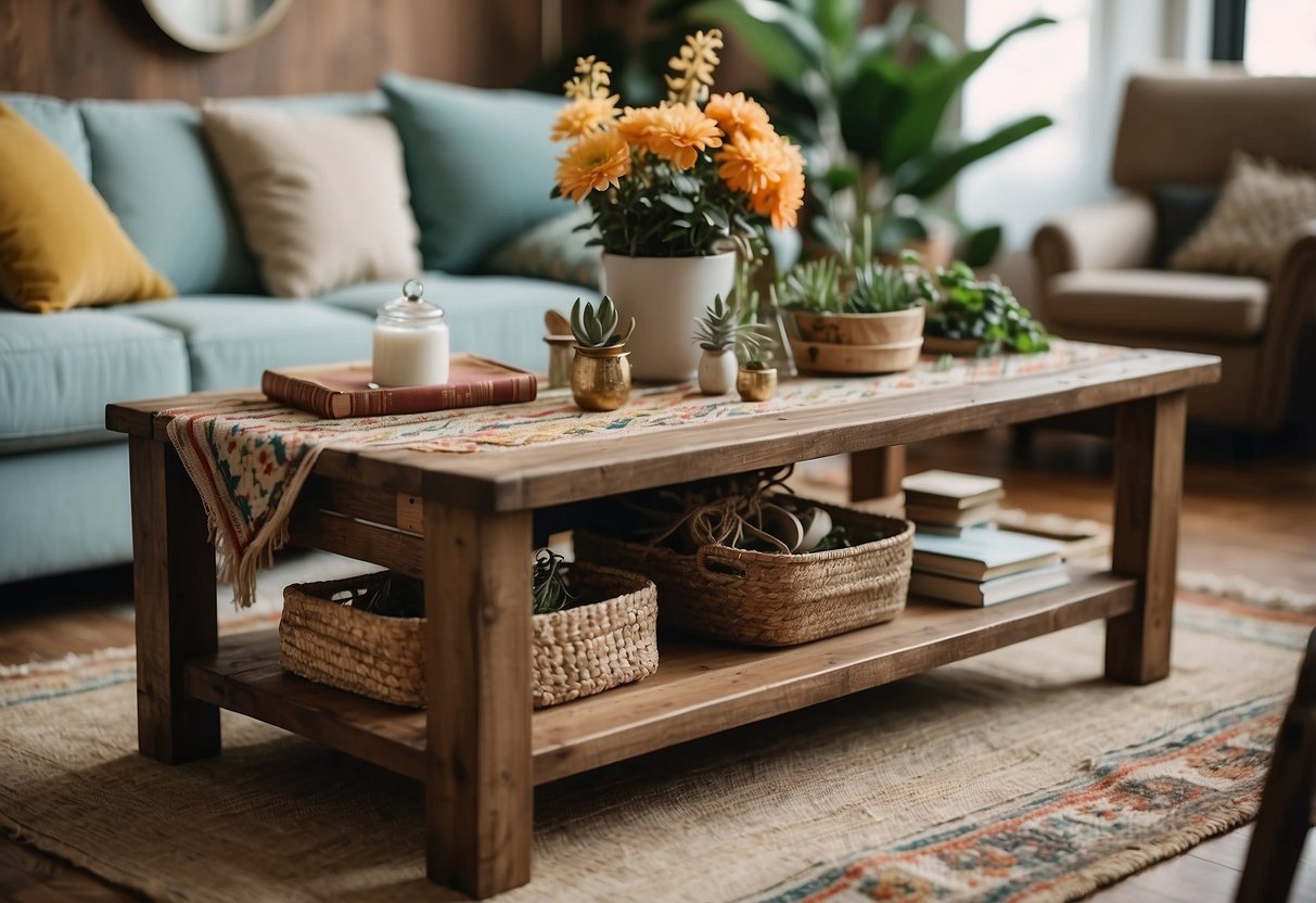 A distressed wood coffee table adorned with boho chic decor, including colorful textiles, plants, and vintage trinkets