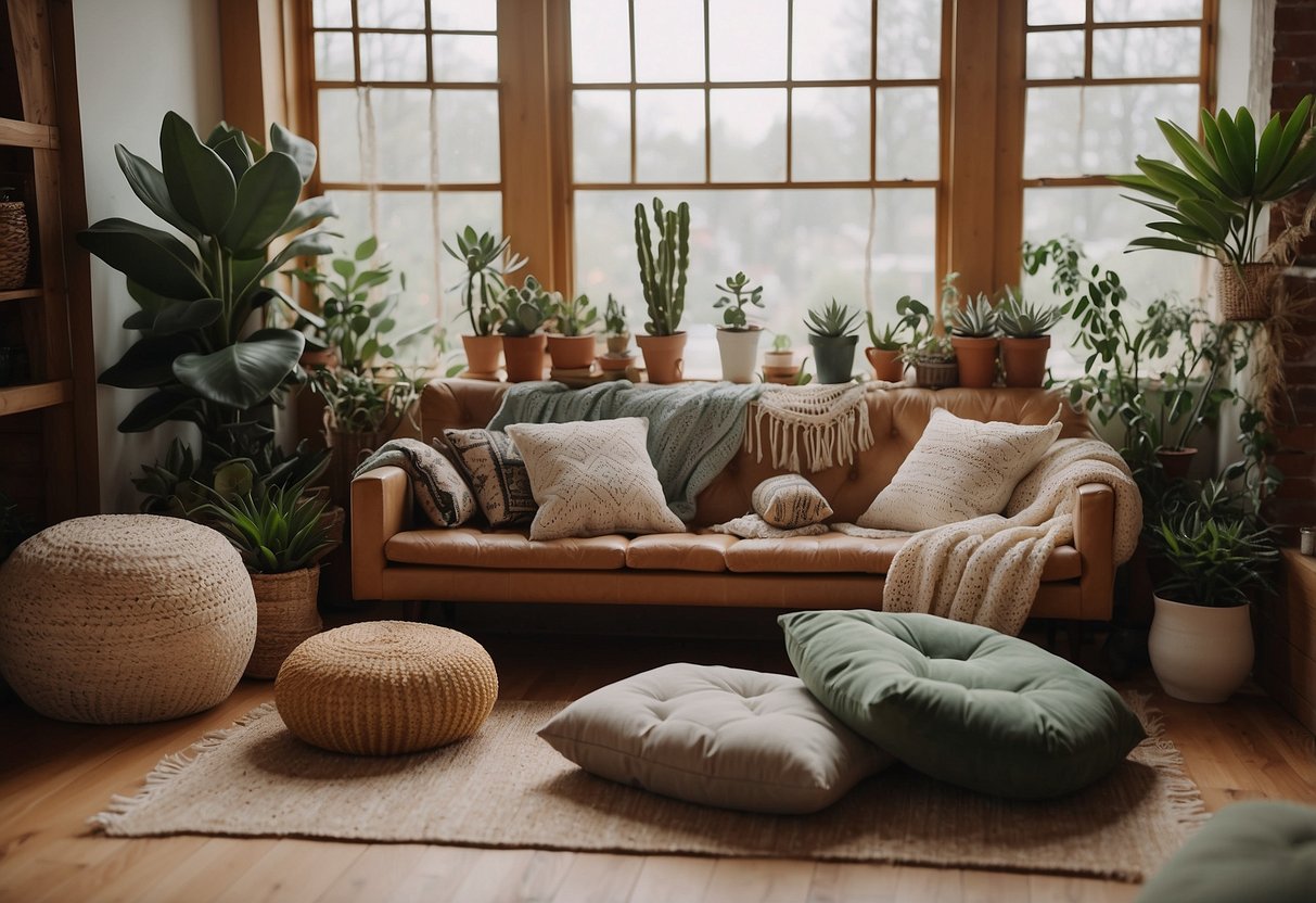 A cozy bohemian living room with a wooden table adorned with various succulent terrariums, draped in macrame plant hangers and surrounded by plush floor pillows