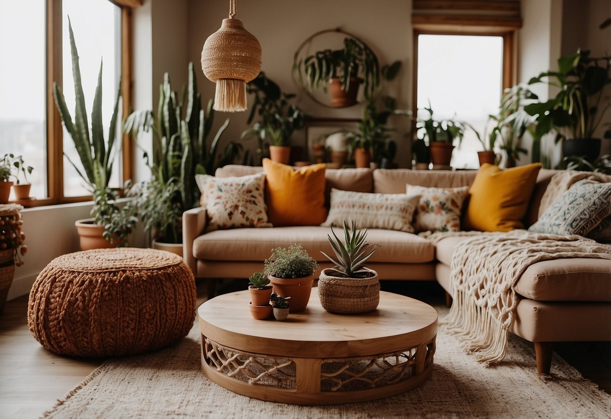 A cozy living room with earthy tones, pops of vibrant colors, and eclectic patterns. Tasseled throw pillows, macrame wall hangings, and potted plants add to the boho chic vibe