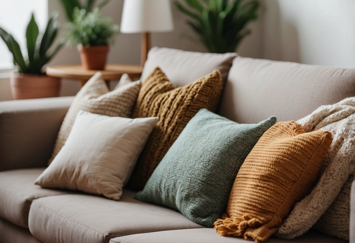 Colorful throw pillows and cozy blankets scattered on a neutral-toned sofa. DIY wall art made from repurposed materials. Potted plants and succulents on shelves. A woven rug and thrifted accent pieces complete the look