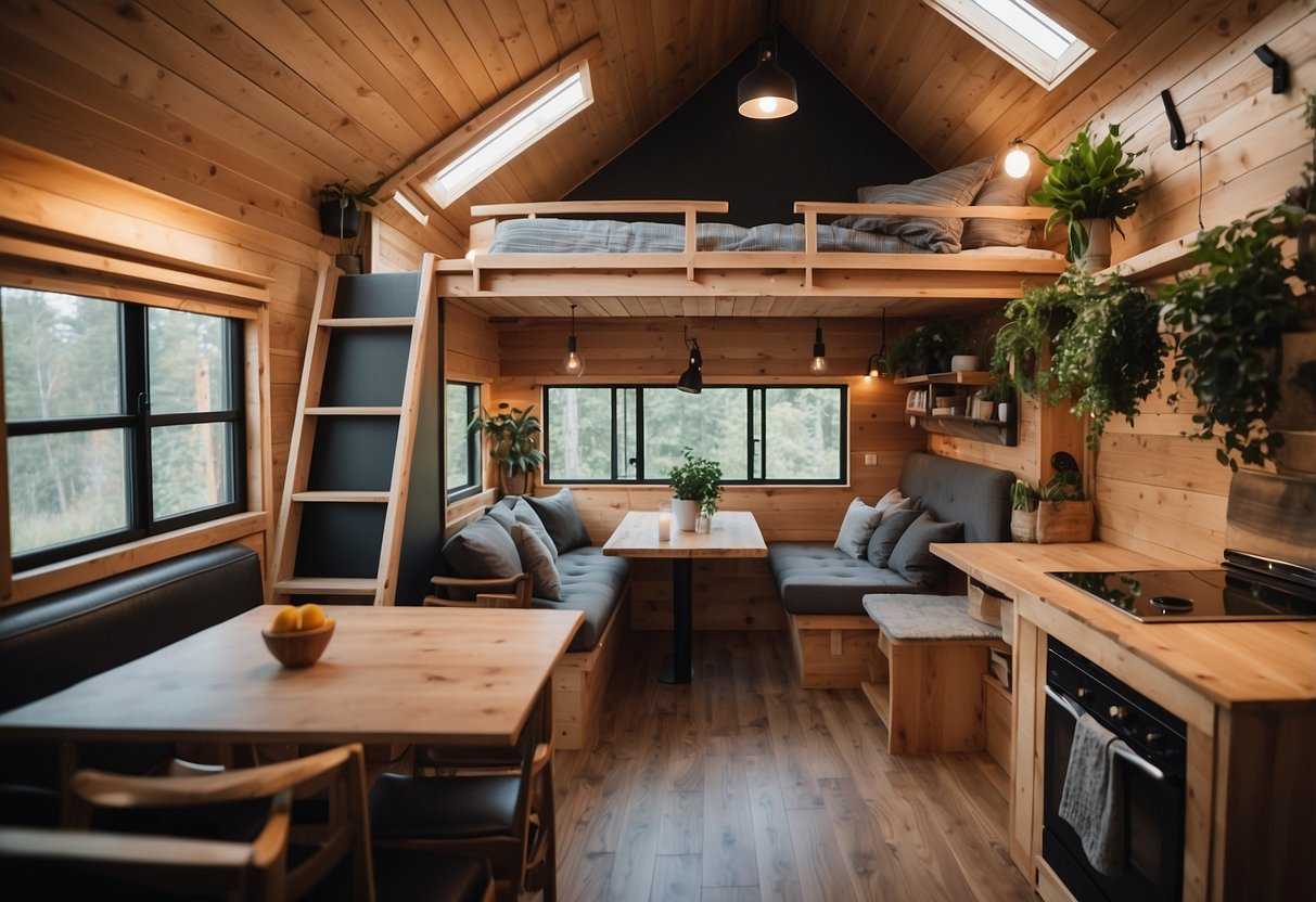 A cozy tiny home with a loft bed, fold-out dining table, and storage stairs. A wall-mounted TV, hanging plants, and soft lighting complete the decor