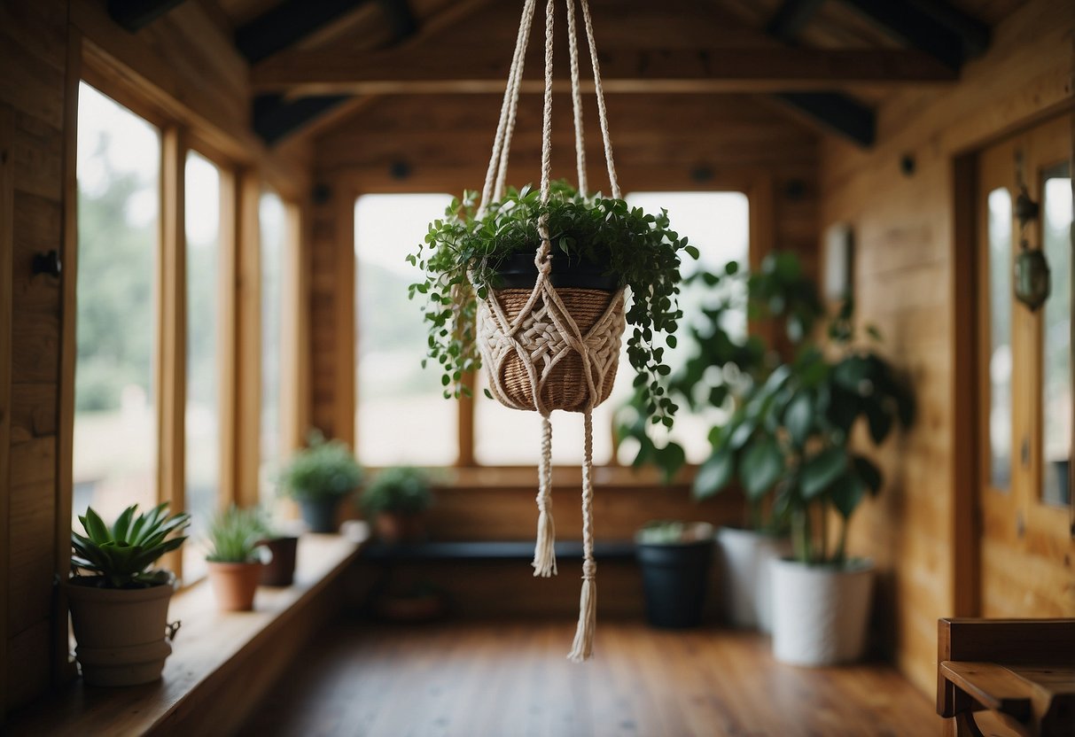 A handwoven macrame plant hanger hangs from a wooden beam, adorned with lush greenery, in a cozy tiny home